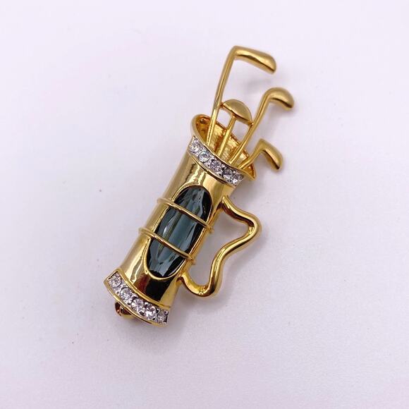 Vintage Gold Tone Bag Brooch With Rhinestones and Blue Glass Stone Accent - Picture 2 of 6